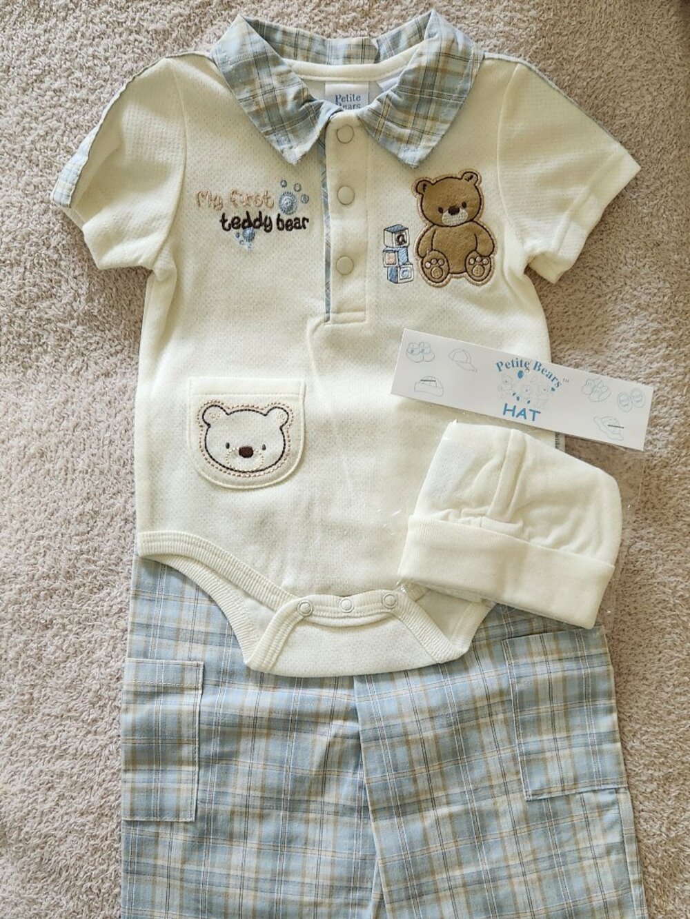 Petite Bears - Boys' 3 - Pc Teddy Bear Plaid Pant Set